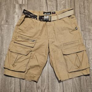 Ecko Unltd Mens Cargo Ripstop Shorts Khaki 34x12 Army Belted Skater Y2K Hiphop